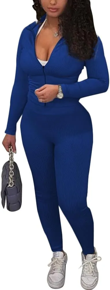 TOPSRANI Womens Two Piece Outfits Bodycon Tracksuit Striped Sweatsuits Ribbed Solid Jogger Workout Lounge Long Pant Sets