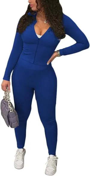 TOPSRANI Womens Two Piece Outfits Bodycon Tracksuit Striped Sweatsuits Ribbed Solid Jogger Workout Lounge Long Pant Sets