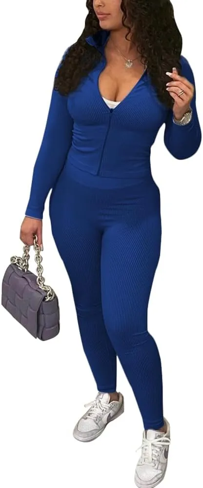 TOPSRANI Womens Two Piece Outfits Bodycon Tracksuit Striped Sweatsuits Ribbed Solid Jogger Workout Lounge Long Pant Sets