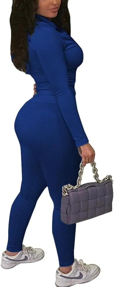 TOPSRANI Womens Two Piece Outfits Bodycon Tracksuit Striped Sweatsuits Ribbed Solid Jogger Workout Lounge Long Pant Sets