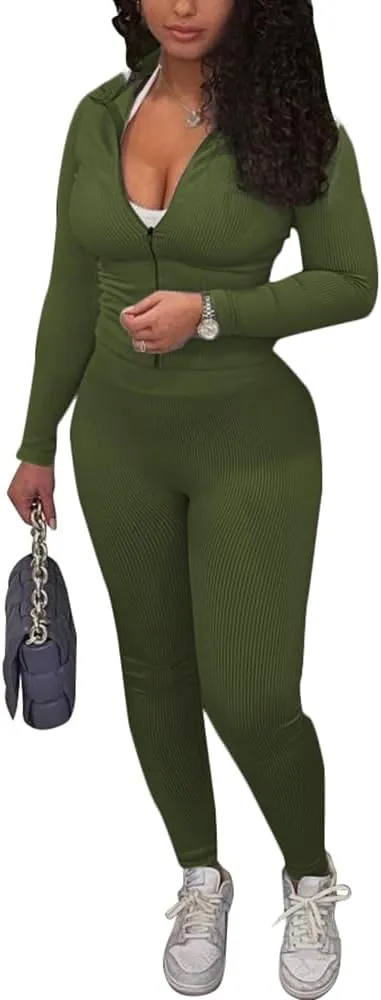 TOPSRANI Womens Two Piece Outfits Bodycon Tracksuit Striped Sweatsuits Ribbed Solid Jogger Workout Lounge Long Pant Sets