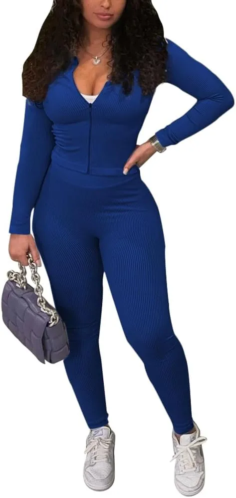 TOPSRANI Womens Two Piece Outfits Bodycon Tracksuit Striped Sweatsuits Ribbed Solid Jogger Workout Lounge Long Pant Sets