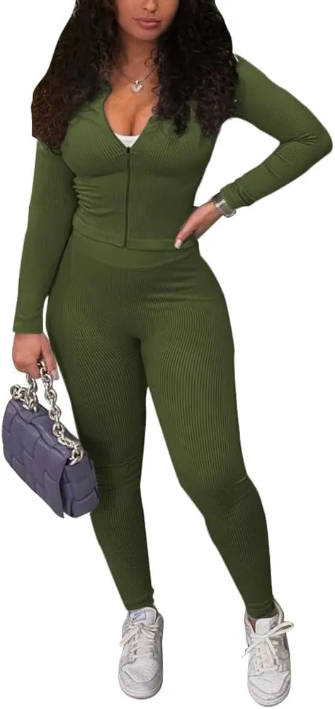 TOPSRANI Womens Two Piece Outfits Bodycon Tracksuit Striped Sweatsuits Ribbed Solid Jogger Workout Lounge Long Pant Sets
