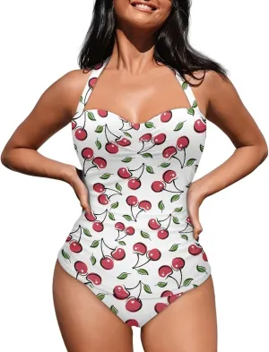 Tummy Control Swimwear Halter One Piece Slimming Vintage Retro Swimsuit Womens Ruched Push Up Bathing Suit