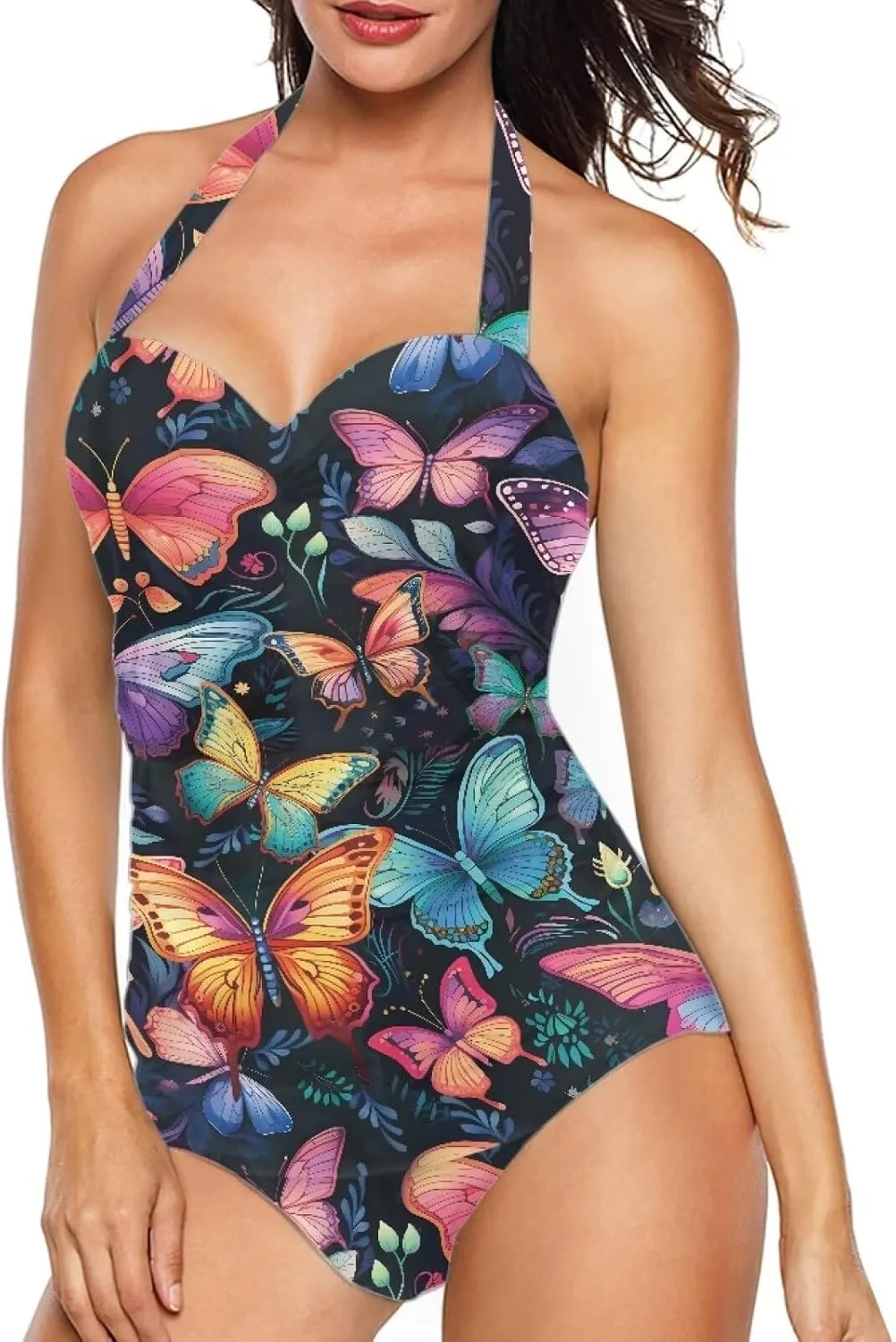 Tummy Control Swimwear Halter One Piece Slimming Vintage Retro Swimsuit Womens Ruched Push Up Bathing Suit