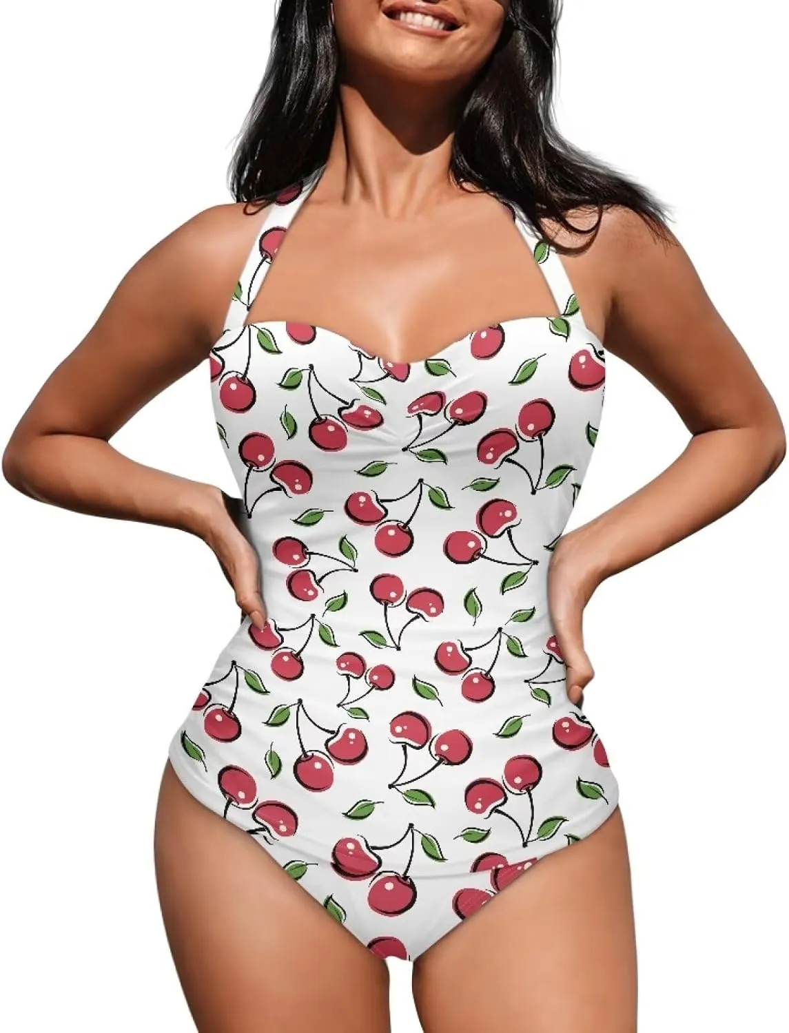 Tummy Control Swimwear Halter One Piece Slimming Vintage Retro Swimsuit Womens Ruched Push Up Bathing Suit