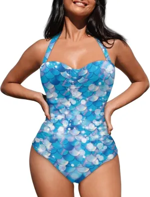 Tummy Control Swimwear Halter One Piece Slimming Vintage Retro Swimsuit Womens Ruched Push Up Bathing Suit
