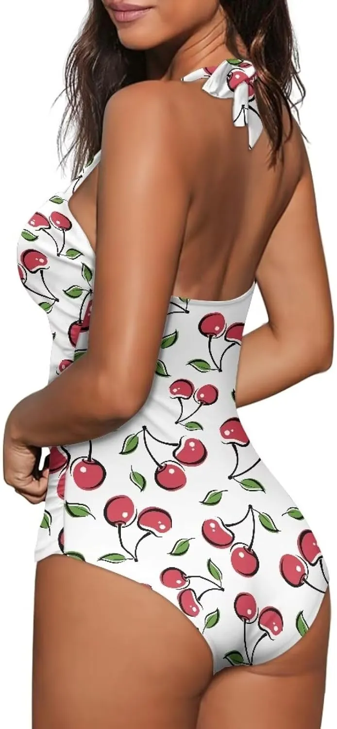 Tummy Control Swimwear Halter One Piece Slimming Vintage Retro Swimsuit Womens Ruched Push Up Bathing Suit