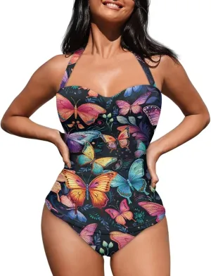 Tummy Control Swimwear Halter One Piece Slimming Vintage Retro Swimsuit Womens Ruched Push Up Bathing Suit