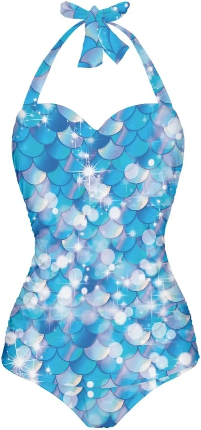 Tummy Control Swimwear Halter One Piece Slimming Vintage Retro Swimsuit Womens Ruched Push Up Bathing Suit