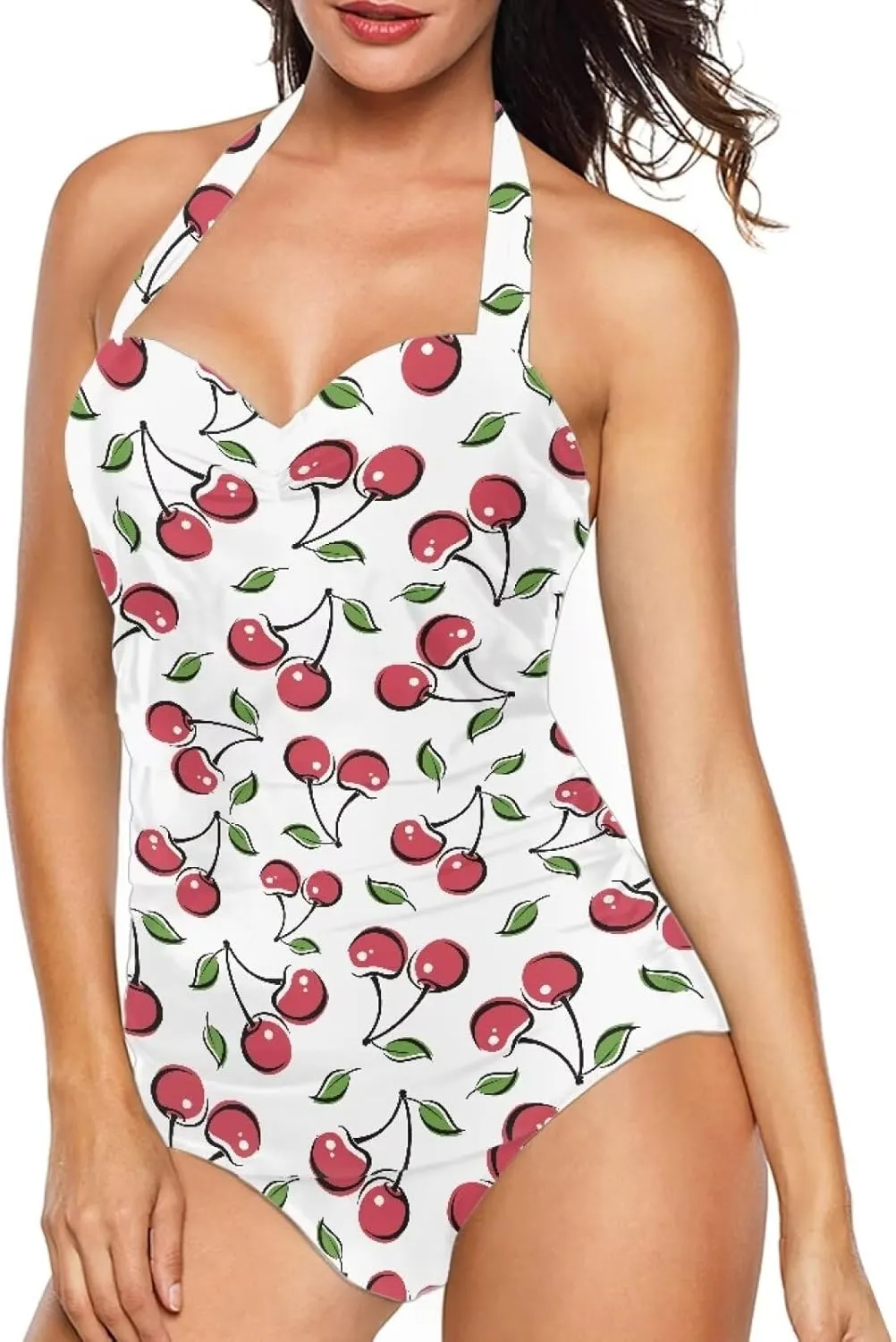 Tummy Control Swimwear Halter One Piece Slimming Vintage Retro Swimsuit Womens Ruched Push Up Bathing Suit