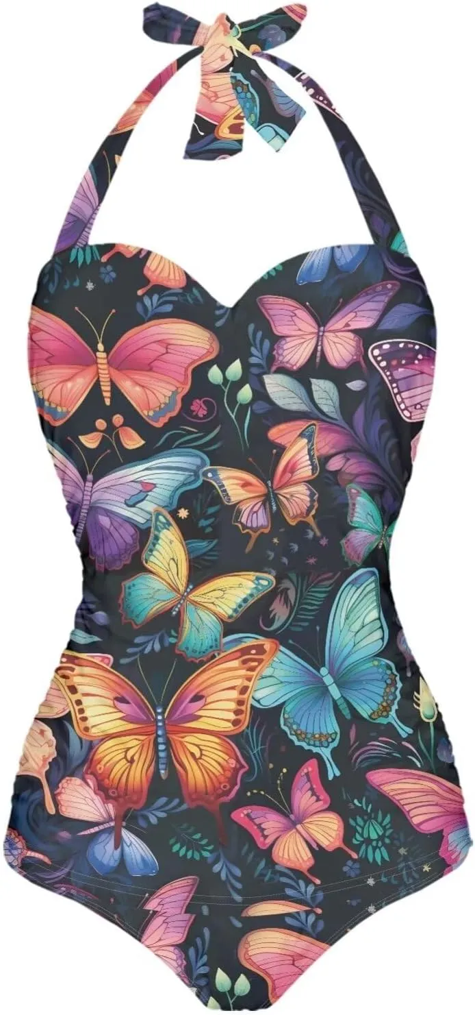 Tummy Control Swimwear Halter One Piece Slimming Vintage Retro Swimsuit Womens Ruched Push Up Bathing Suit