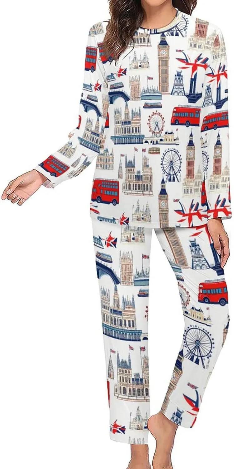 UK London Theme British Flag Women's Pajama Set Long Sleeve Lounge Set Sleepwear Pjs Loungewear Cute Tops And Pants