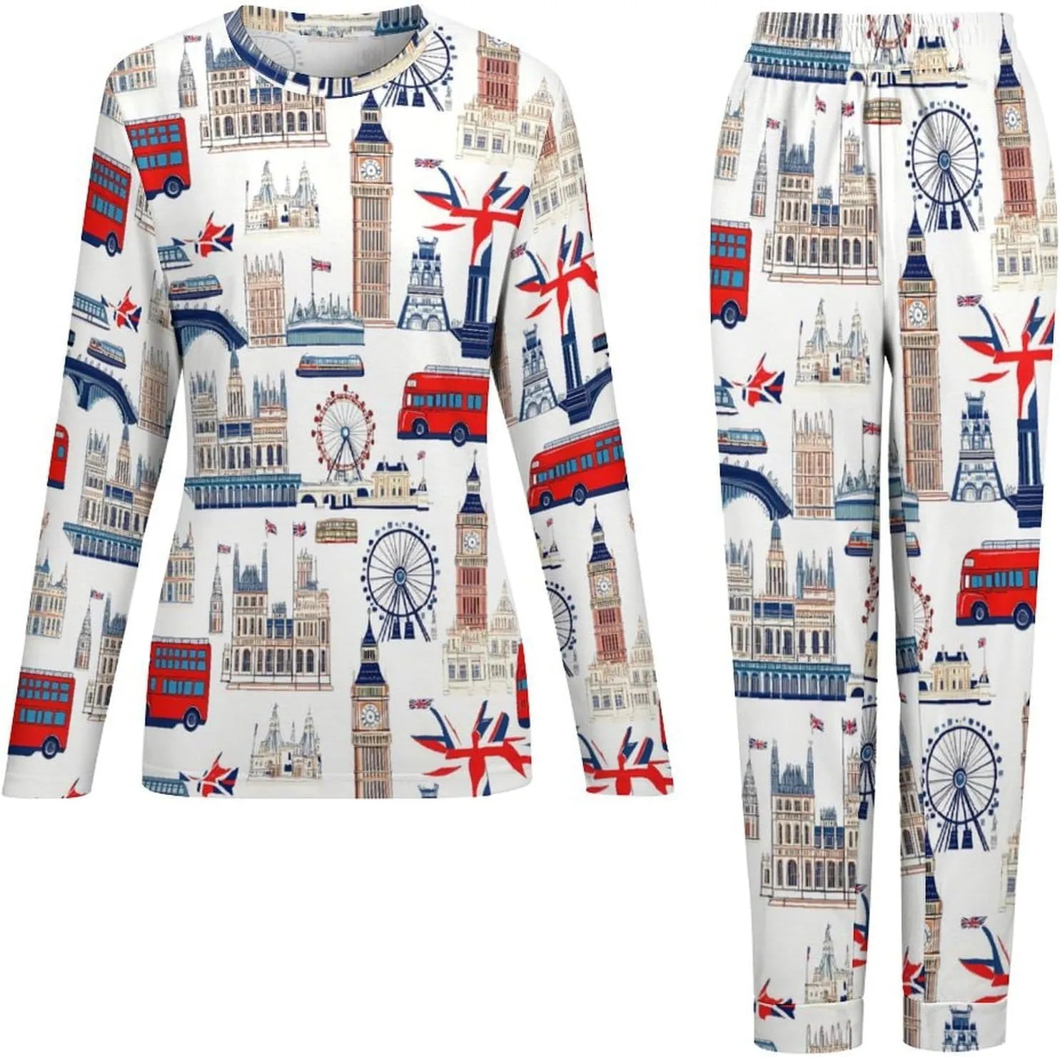 UK London Theme British Flag Women's Pajama Set Long Sleeve Lounge Set Sleepwear Pjs Loungewear Cute Tops And Pants