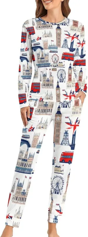 UK London Theme British Flag Women's Pajama Set Long Sleeve Lounge Set Sleepwear Pjs Loungewear Cute Tops And Pants