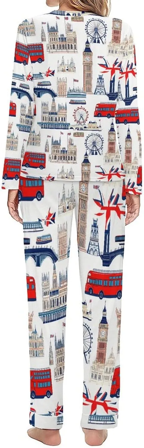 UK London Theme British Flag Women's Pajama Set Long Sleeve Lounge Set Sleepwear Pjs Loungewear Cute Tops And Pants