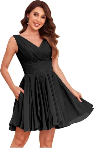 V Neck Short Bridesmaid Dresses for Wedding A Line Pleats Chiffon Formal Party Dress with Pockets