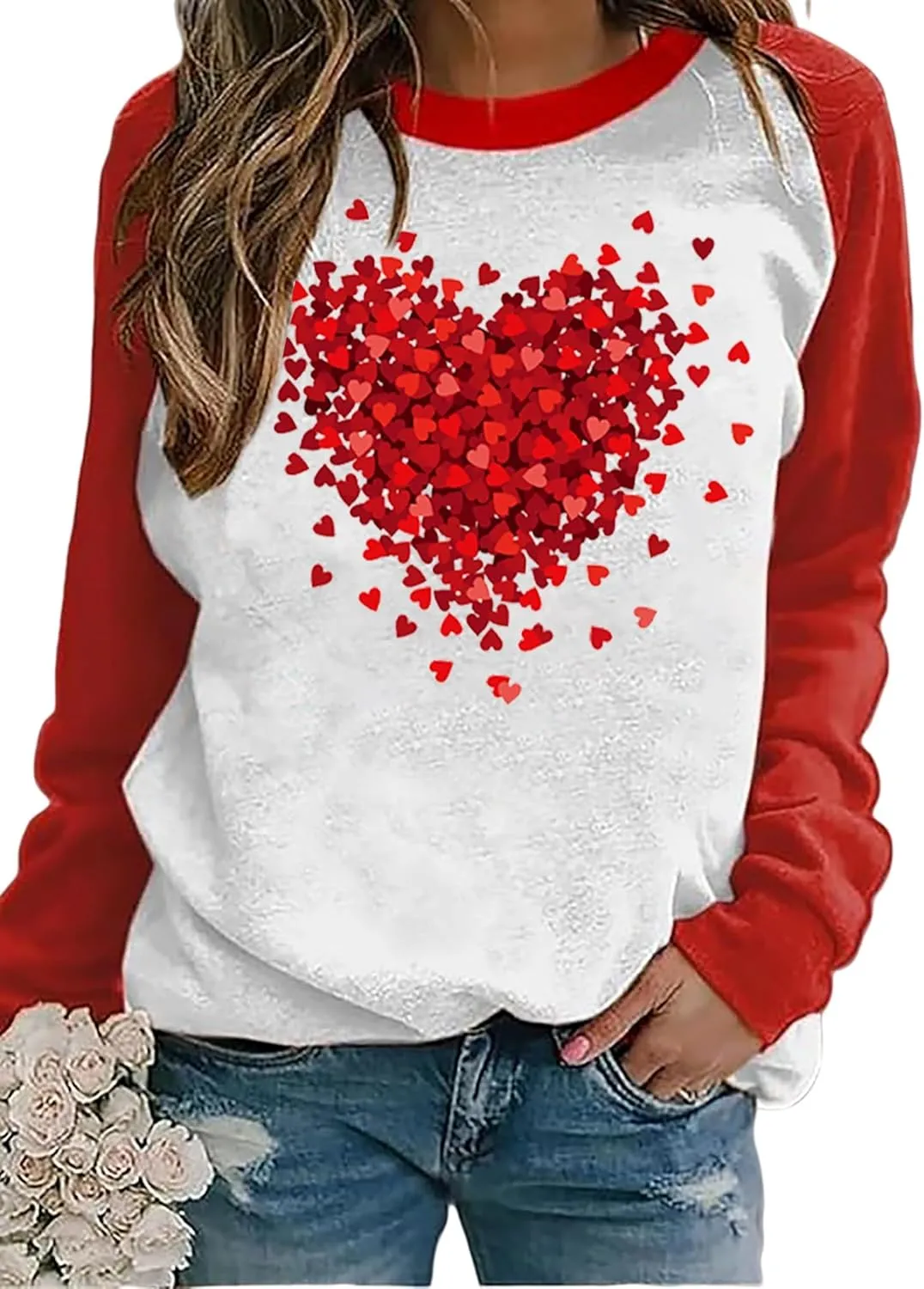Valentine's Day Women's Funny Love Heart Graphic Shirt - Casual Long Sleeve Pullover Top