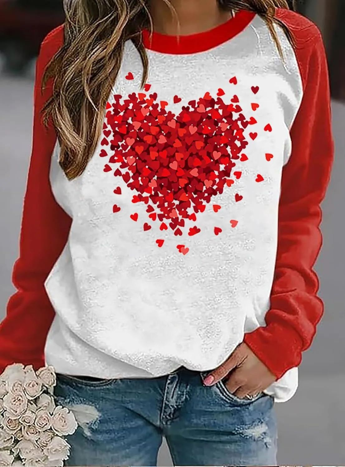 Valentine's Day Women's Funny Love Heart Graphic Shirt - Casual Long Sleeve Pullover Top