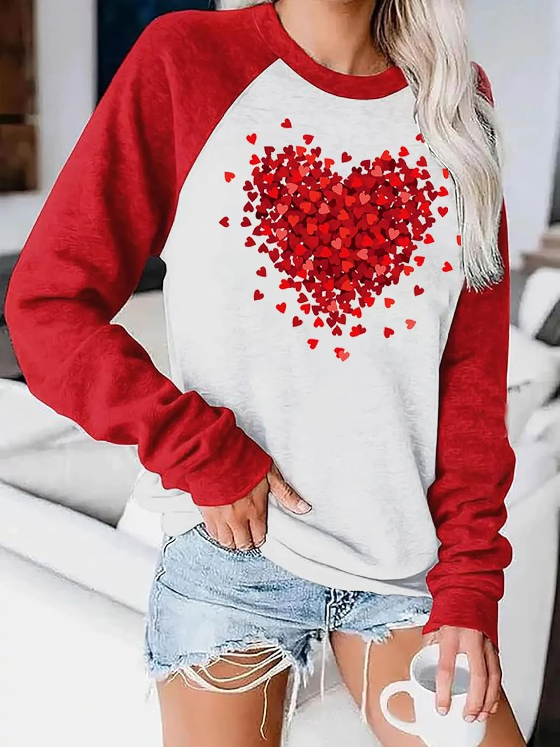 Valentine's Day Women's Funny Love Heart Graphic Shirt - Casual Long Sleeve Pullover Top