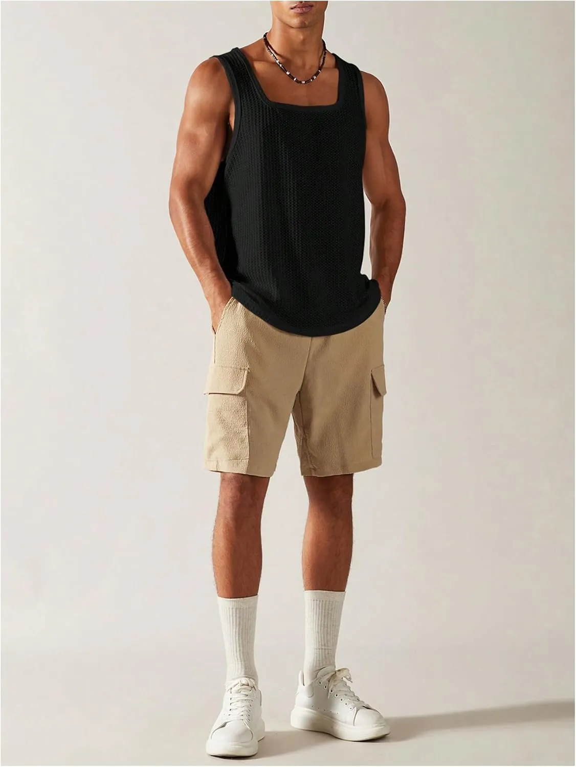 Verdusa Men's Sleeveless Square Neck Waffle Knit Tank Tops Undershirt