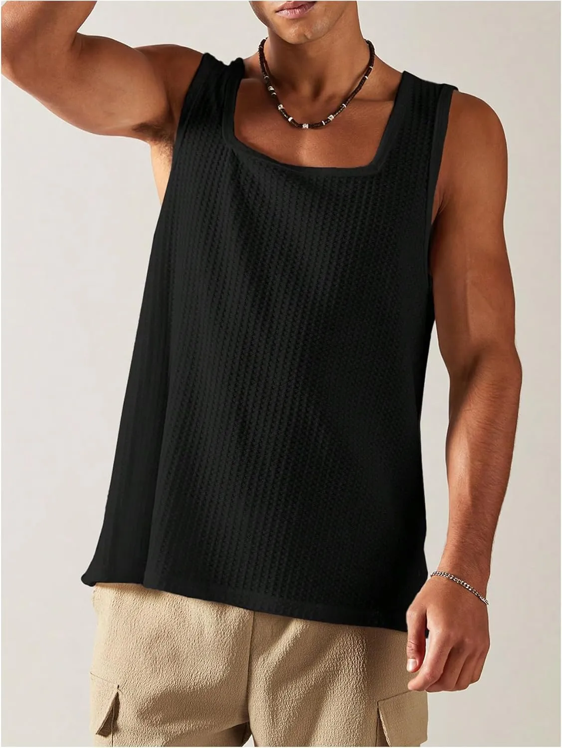 Verdusa Men's Sleeveless Square Neck Waffle Knit Tank Tops Undershirt