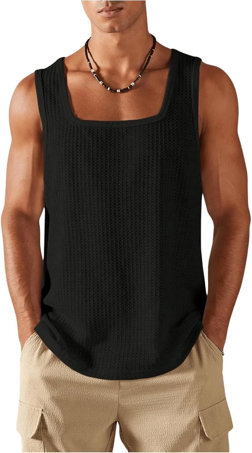 Verdusa Men's Sleeveless Square Neck Waffle Knit Tank Tops Undershirt