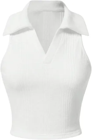 Verdusa Women's Casual Collared V Neck Sleeveless Solid Fitted Tank Tops