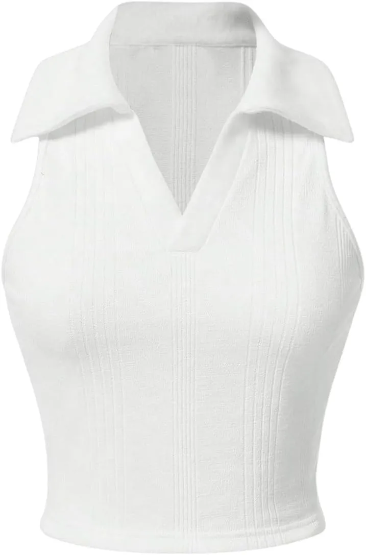Verdusa Women's Casual Collared V Neck Sleeveless Solid Fitted Tank Tops
