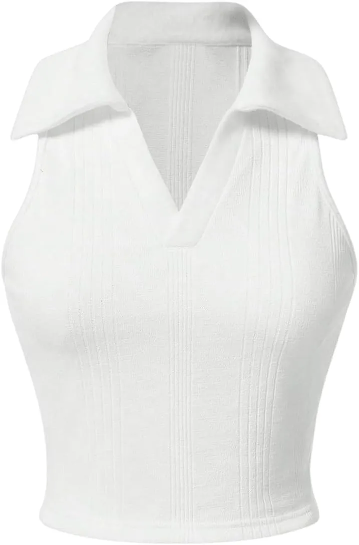 Verdusa Women's Casual Collared V Neck Sleeveless Solid Fitted Tank Tops