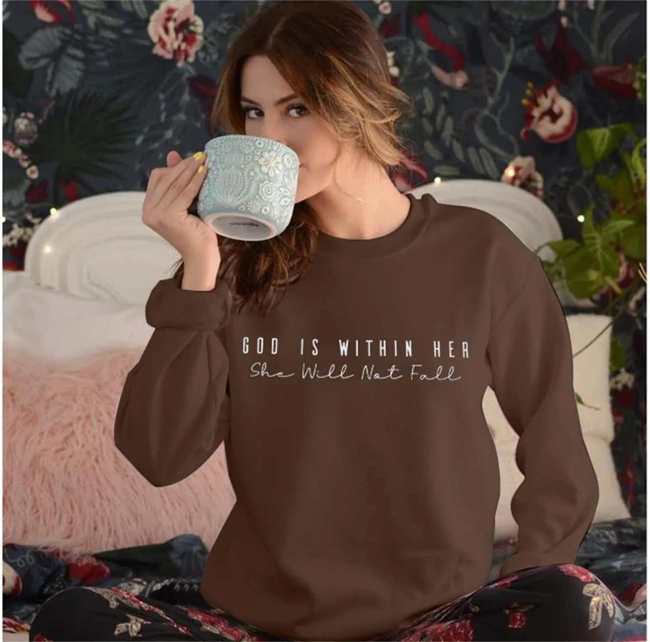 VILOVE Christian Sweatshirt Women Bible Verse Pullover Christian God Is Within Her Long Sleeve Inspirational Blouse Top