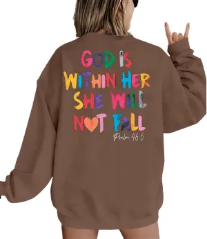 VILOVE Christian Sweatshirt Women Bible Verse Pullover Christian God Is Within Her Long Sleeve Inspirational Blouse Top