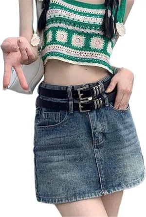 Vintage High-Waisted Denim Skirt Women Summer Slimming Design Hottie Wrapped Hip Half Dress Short Jeans Female Blue L