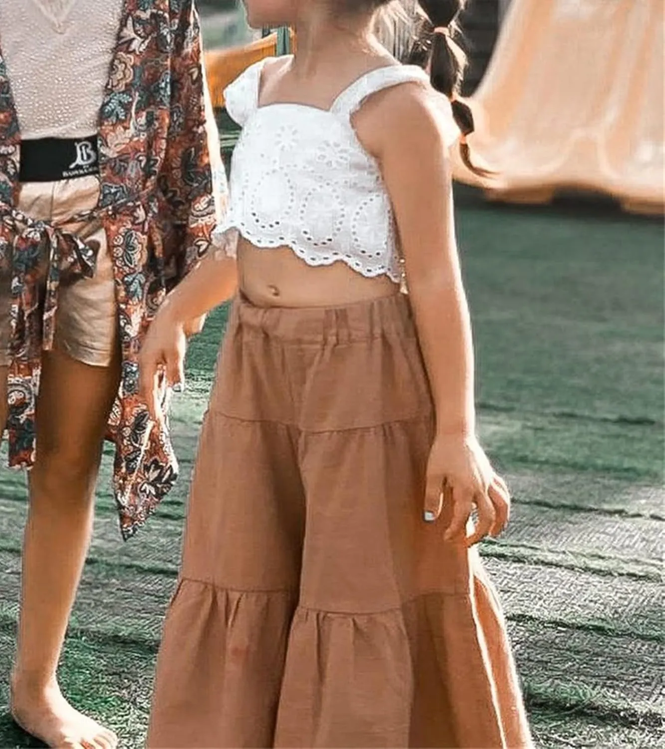 VISGOGO Toddler Baby Girls Summer Outfit Sleeveless Lace Embroidery Clothes Toddler Kids Tank Tops Bell-bottom Pants Set