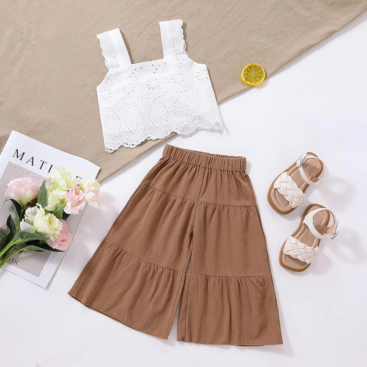 VISGOGO Toddler Baby Girls Summer Outfit Sleeveless Lace Embroidery Clothes Toddler Kids Tank Tops Bell-bottom Pants Set