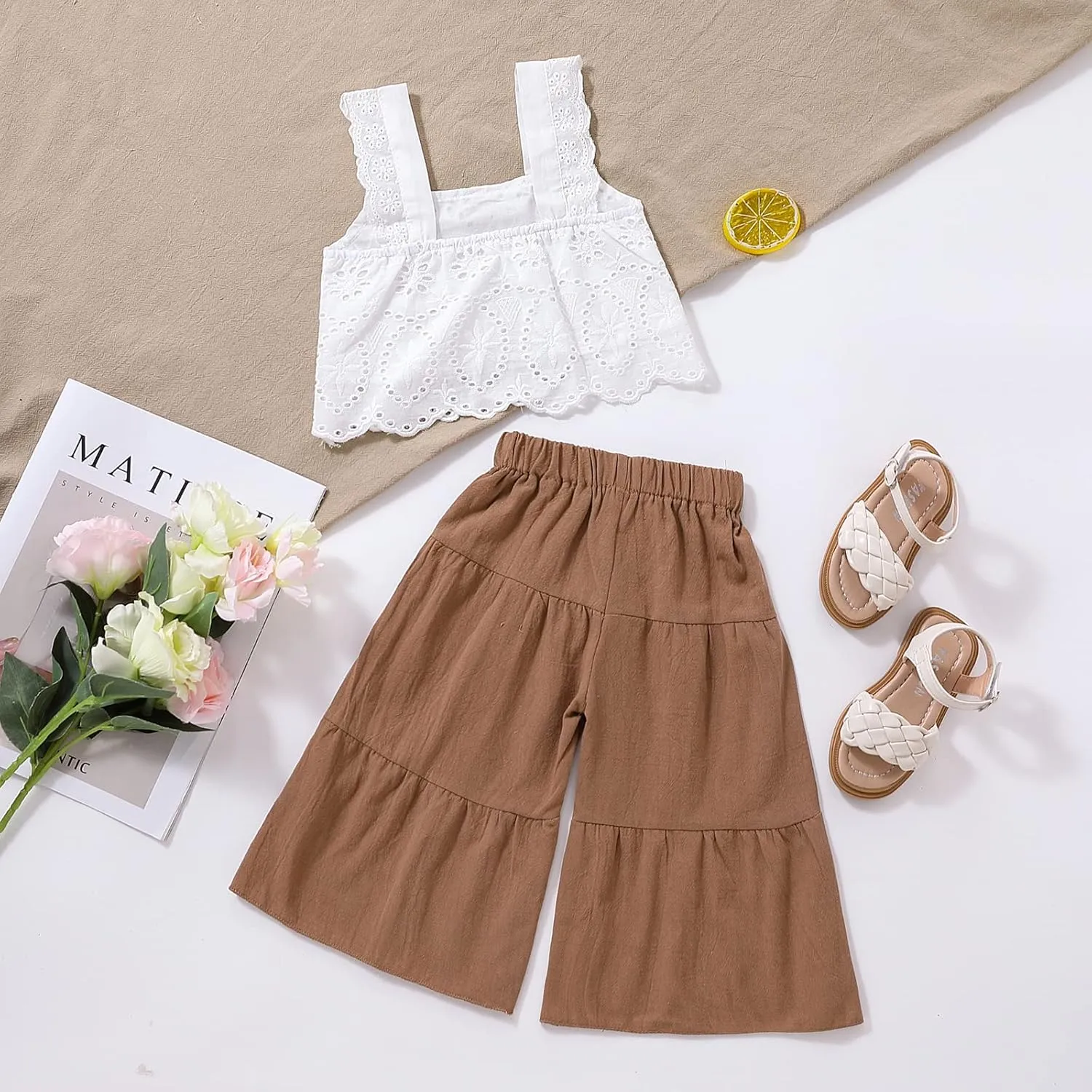 VISGOGO Toddler Baby Girls Summer Outfit Sleeveless Lace Embroidery Clothes Toddler Kids Tank Tops Bell-bottom Pants Set