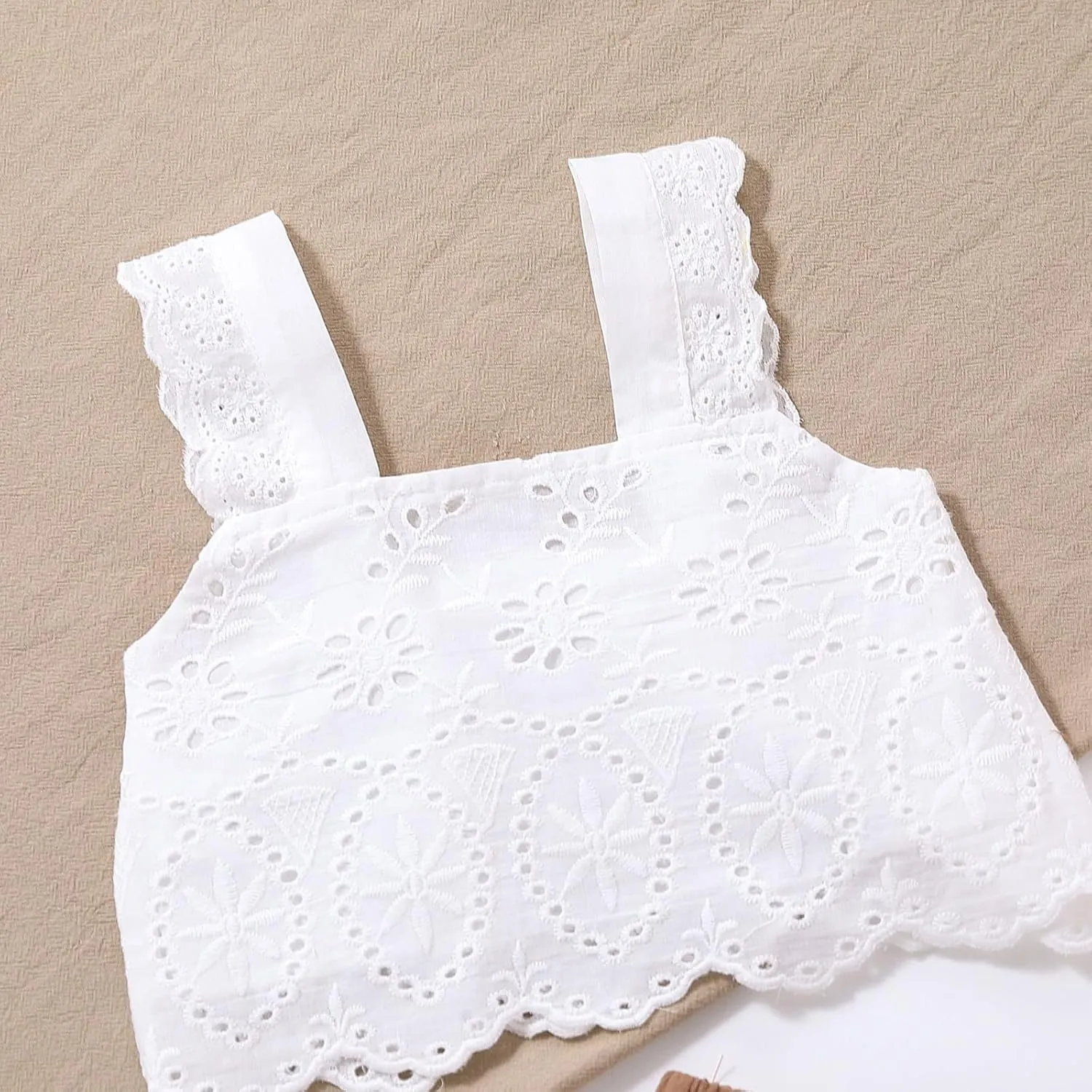 VISGOGO Toddler Baby Girls Summer Outfit Sleeveless Lace Embroidery Clothes Toddler Kids Tank Tops Bell-bottom Pants Set