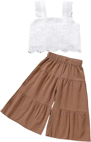 VISGOGO Toddler Baby Girls Summer Outfit Sleeveless Lace Embroidery Clothes Toddler Kids Tank Tops Bell-bottom Pants Set