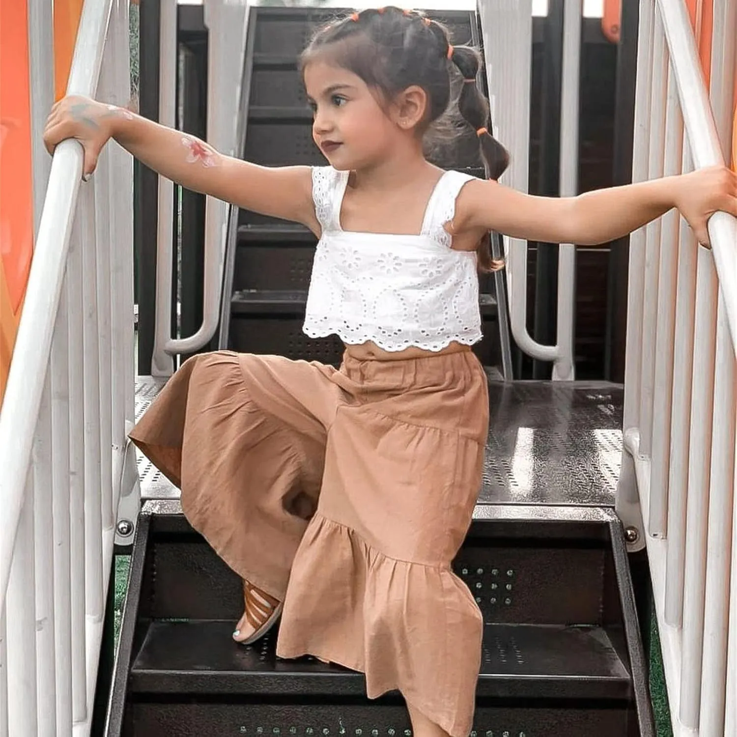 VISGOGO Toddler Baby Girls Summer Outfit Sleeveless Lace Embroidery Clothes Toddler Kids Tank Tops Bell-bottom Pants Set