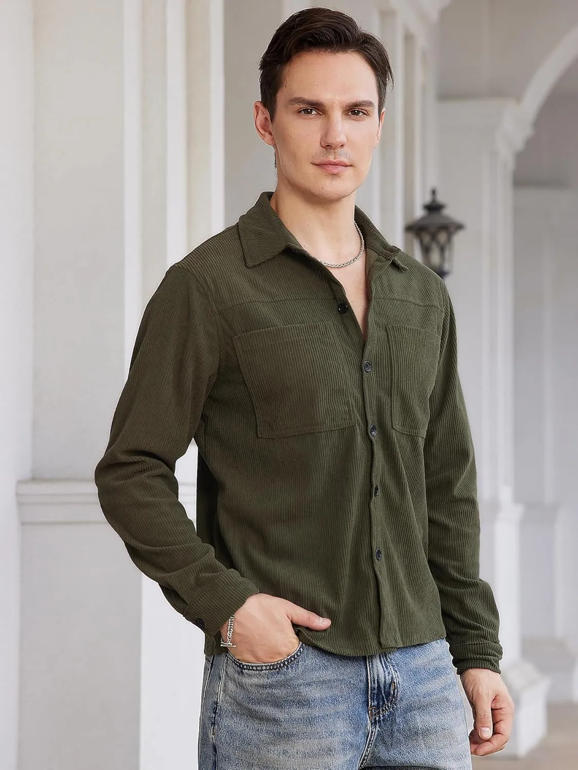 WDIRARA Men's Corduroy Button Down Long Sleeve Colorblock Shirt Collar Tops