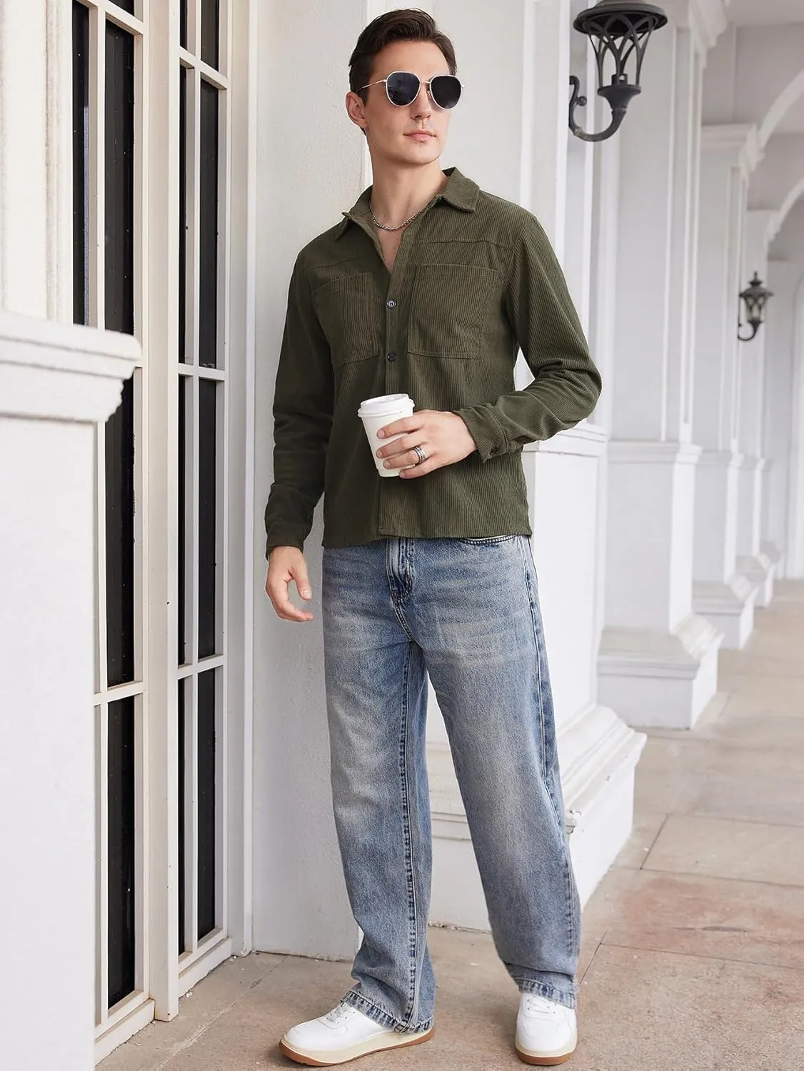 WDIRARA Men's Corduroy Button Down Long Sleeve Colorblock Shirt Collar Tops