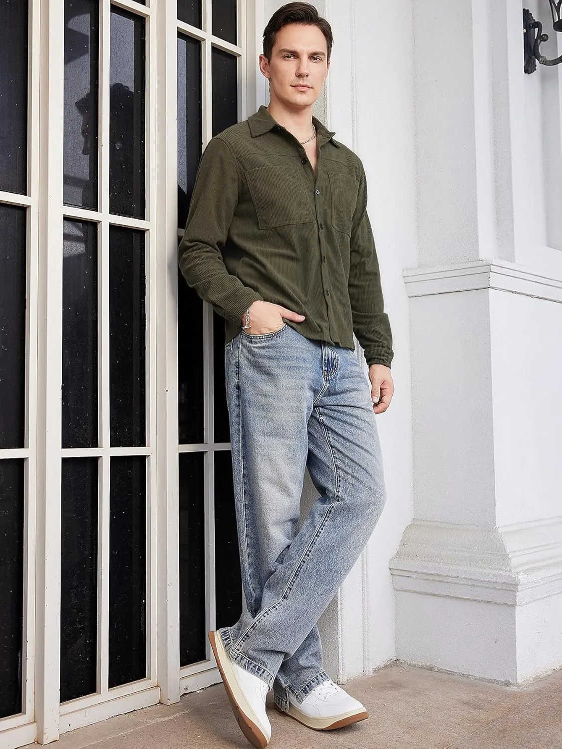 WDIRARA Men's Corduroy Button Down Long Sleeve Colorblock Shirt Collar Tops
