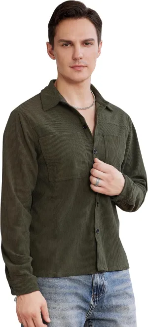 WDIRARA Men's Corduroy Button Down Long Sleeve Colorblock Shirt Collar Tops