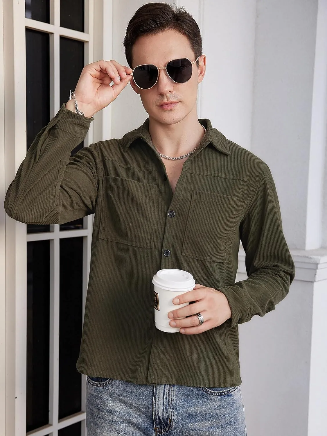 WDIRARA Men's Corduroy Button Down Long Sleeve Colorblock Shirt Collar Tops