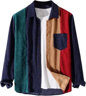WDIRARA Men's Corduroy Button Down Long Sleeve Colorblock Shirt Collar Tops