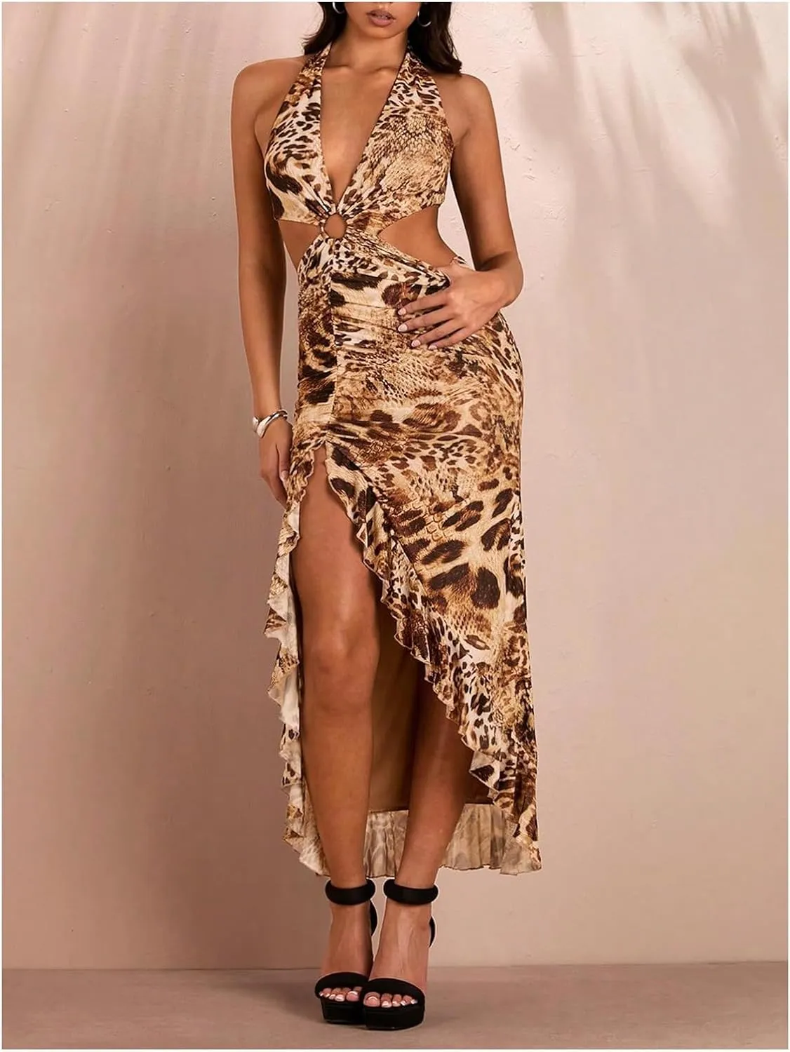 WDIRARA Women's Halter Cut Out Dress Printing Ruffle Asymmetrical Hem High Slit Mesh Dresses