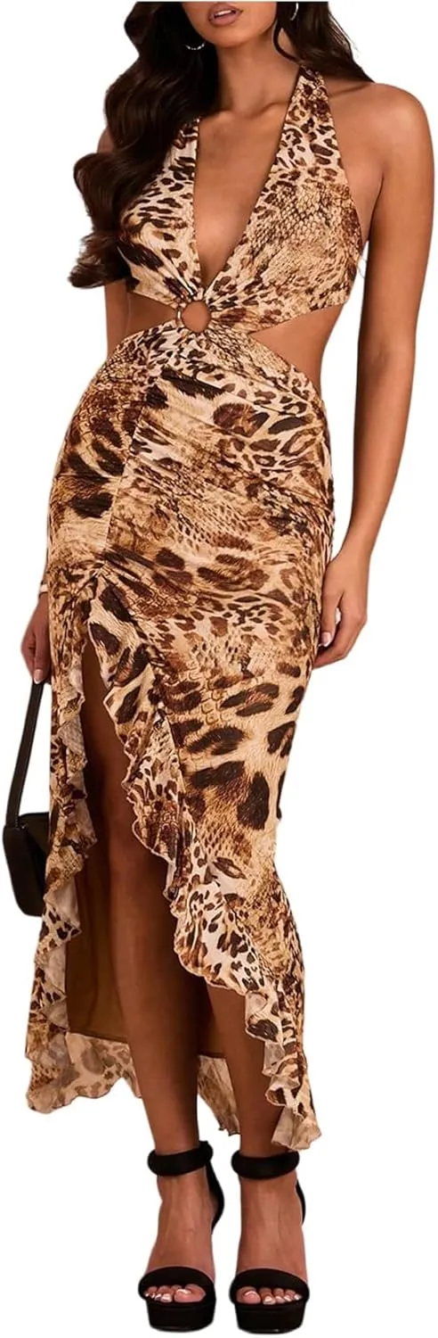 WDIRARA Women's Halter Cut Out Dress Printing Ruffle Asymmetrical Hem High Slit Mesh Dresses