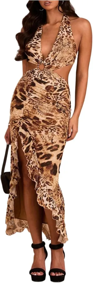 WDIRARA Women's Halter Cut Out Dress Printing Ruffle Asymmetrical Hem High Slit Mesh Dresses