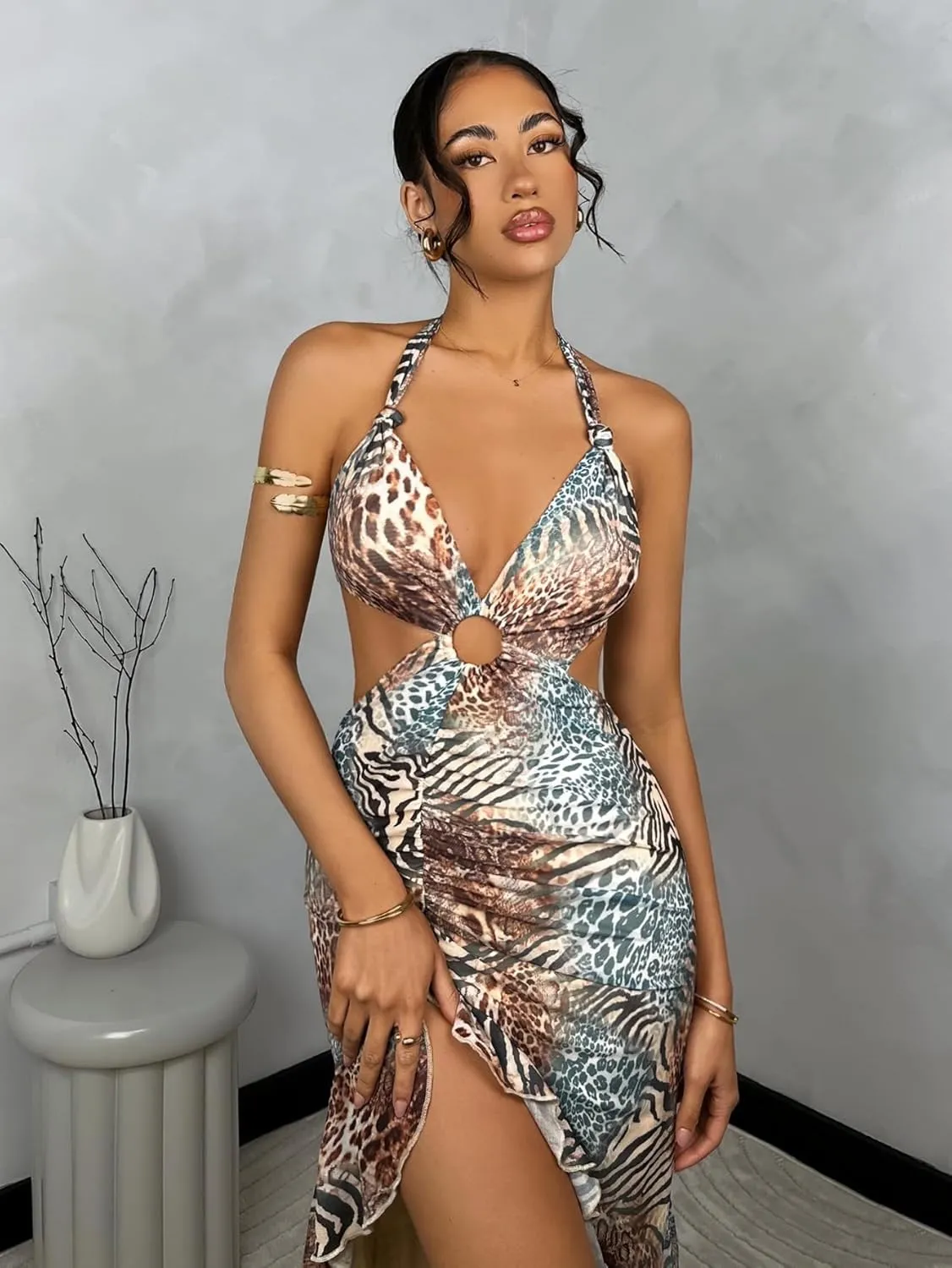 WDIRARA Women's Halter Cut Out Dress Printing Ruffle Asymmetrical Hem High Slit Mesh Dresses