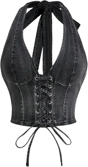 WDIRARA Women's Lace Up Front Denim Halter Tops Deep V Neck Tie Back Smocked Sleeveless Crop Top